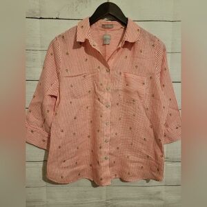 Chico's Blouse  1P 3/4 Sleeve Striped No-Iron 100% Linen Bee Print